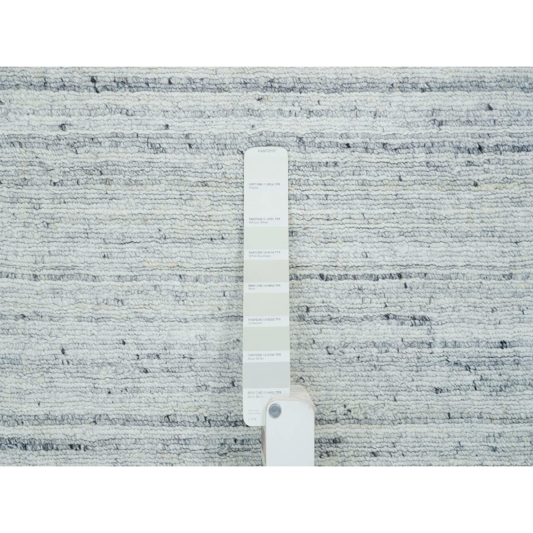 2'5"x15'9" Ivory, Soft Pile, Plain Modern Striae Design, Pure Wool, Hand Loomed, Runner Oriental Rug HR65571 - Image 4