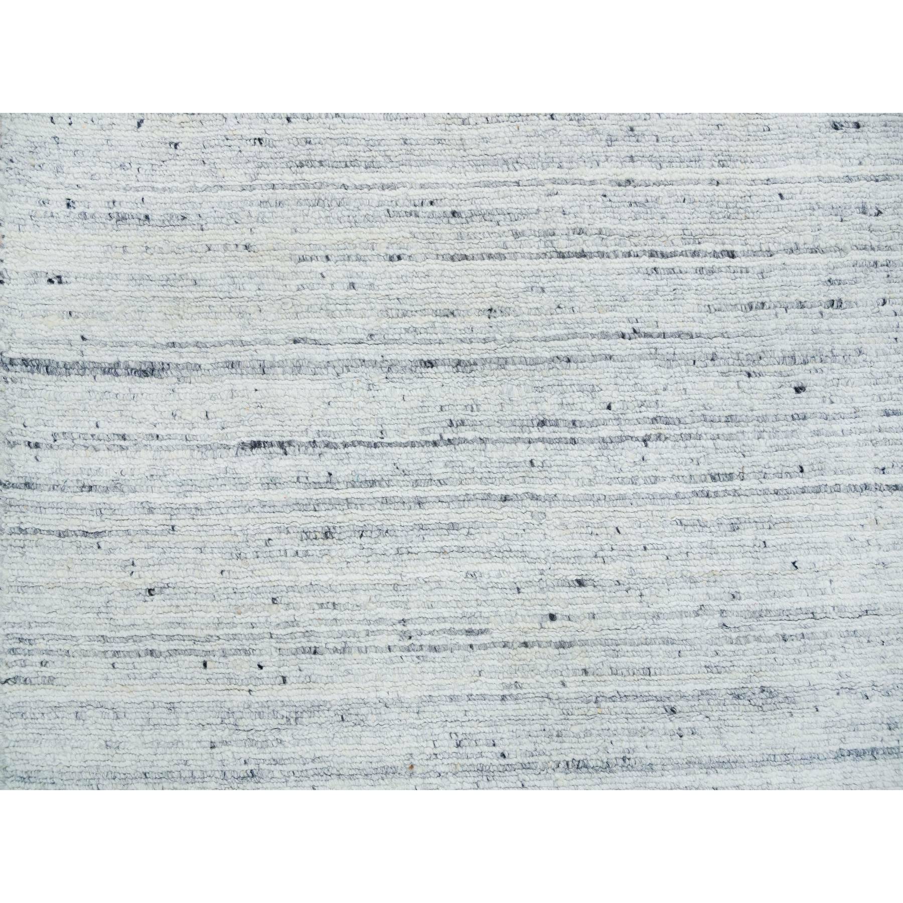 2'5"x15'9" Ivory, Soft Pile, Plain Modern Striae Design, Pure Wool, Hand Loomed, Runner Oriental Rug HR65571 - Image 5