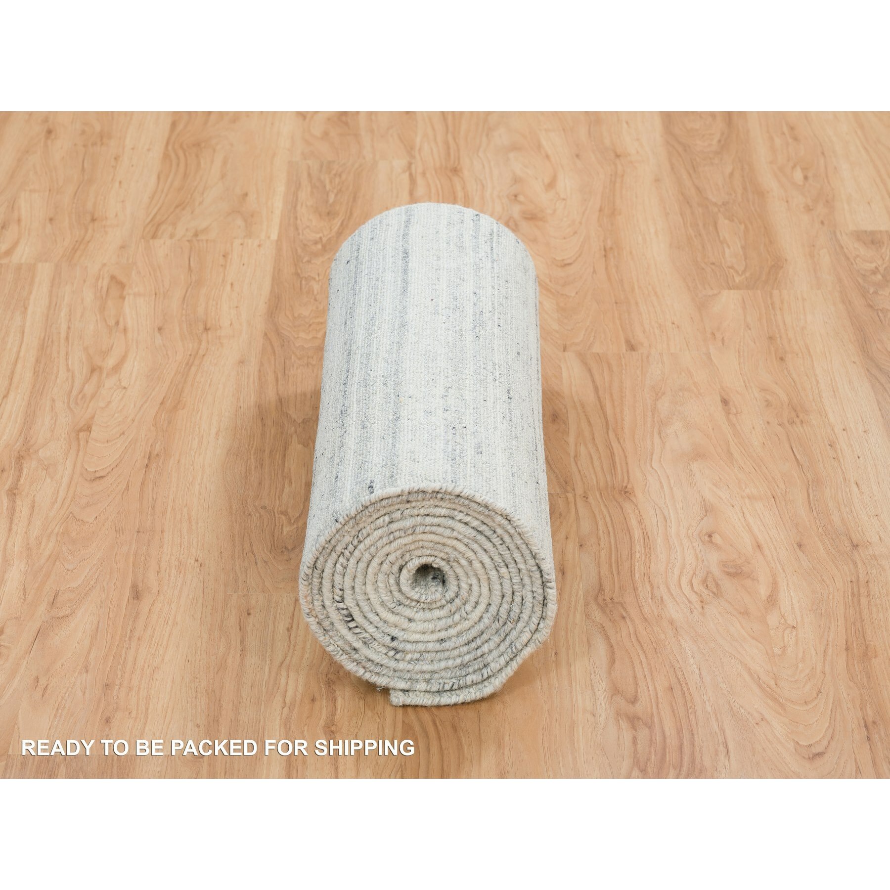 2'5"x15'9" Ivory, Soft Pile, Plain Modern Striae Design, Pure Wool, Hand Loomed, Runner Oriental Rug HR65571 - Image 6