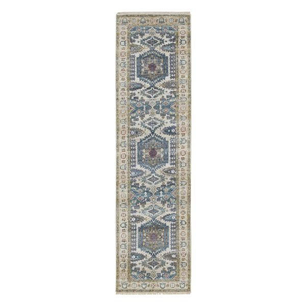 2'6"x9'10" Ivory Soft Tones, Extra Soft Wool, Hand Knotted Reimagined Persian Viss Design, Soft & Vibrant Pile, Runner, Oriental Rug HR65573