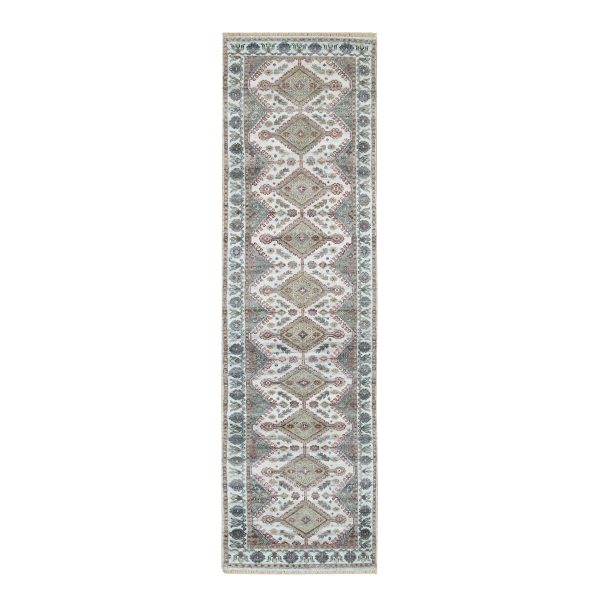 2'7"x9'9" Ivory, Natural Wool, Shiraz Reimagined Unique Flower Rosettes Border Design, Runner, Hand Knotted, Sustainable Oriental Rug HR65574