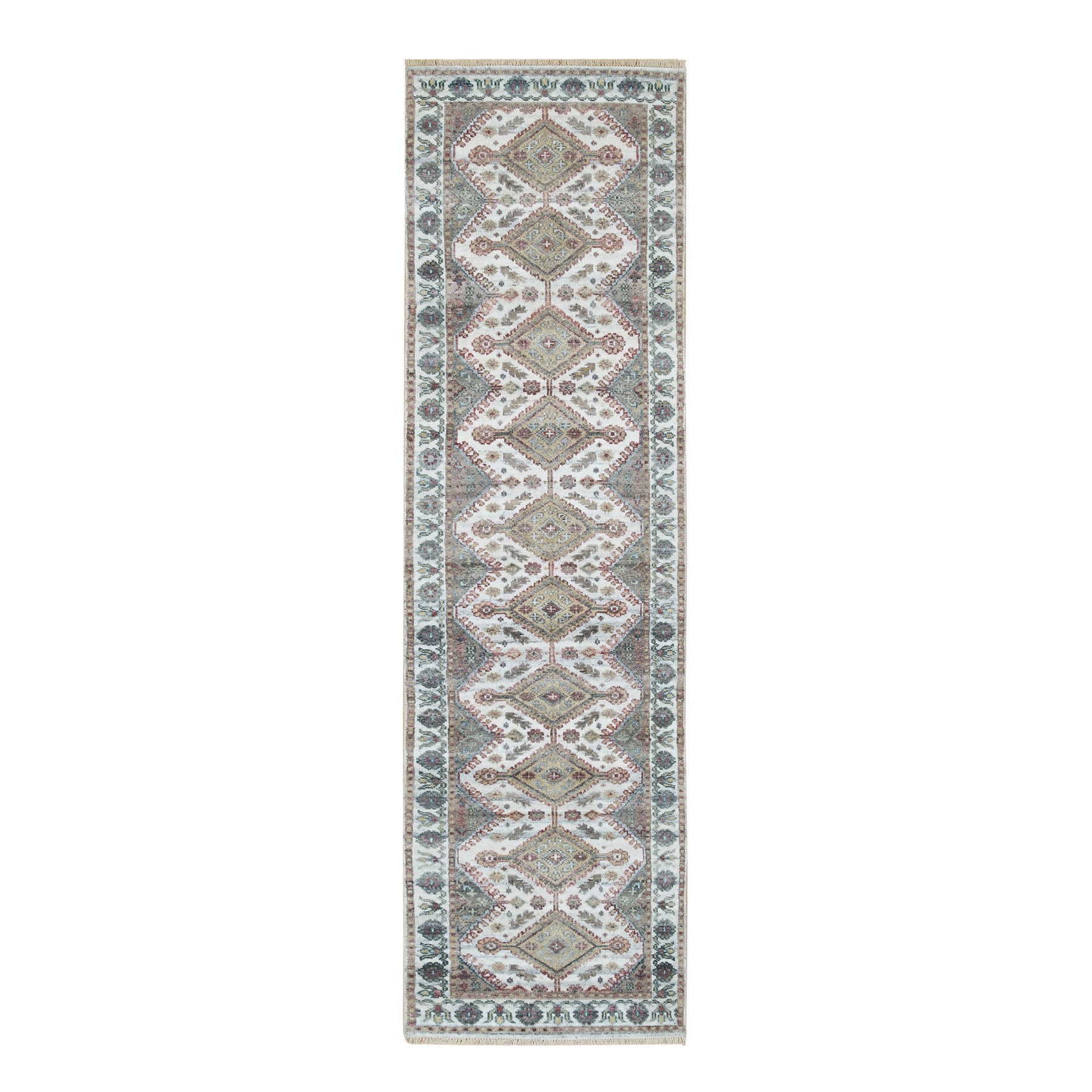 2'7"x9'9" Ivory, Natural Wool, Shiraz Reimagined Unique Flower Rosettes Border Design, Runner, Hand Knotted, Sustainable Oriental Rug HR65574