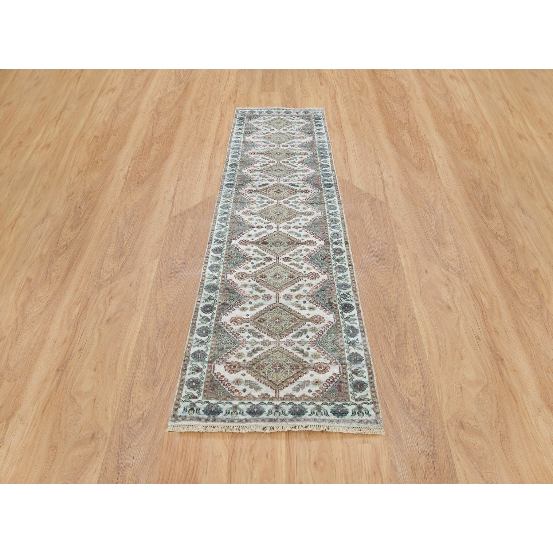 2'7"x9'9" Ivory, Natural Wool, Shiraz Reimagined Unique Flower Rosettes Border Design, Runner, Hand Knotted, Sustainable Oriental Rug HR65574 - Image 2