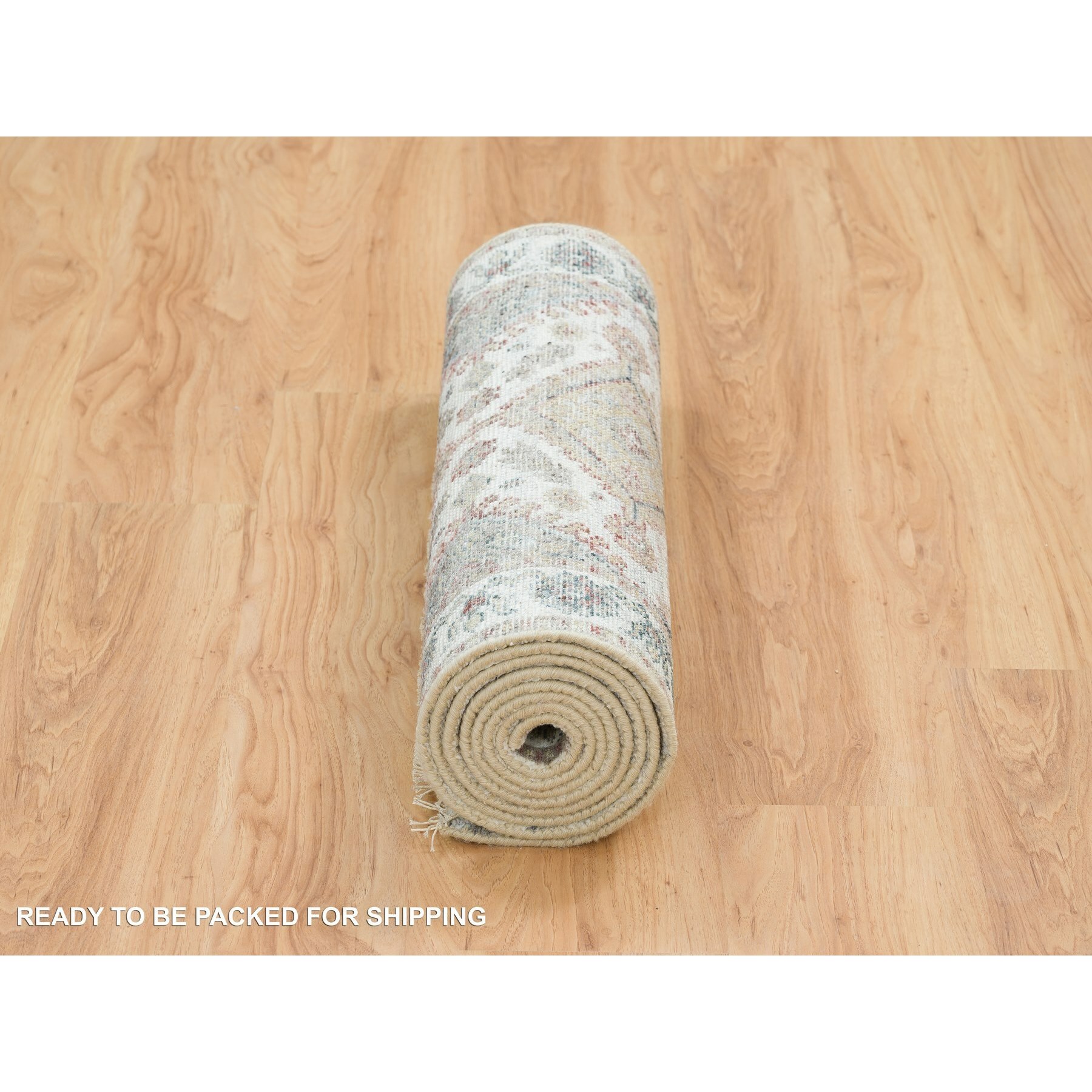 2'7"x9'9" Ivory, Natural Wool, Shiraz Reimagined Unique Flower Rosettes Border Design, Runner, Hand Knotted, Sustainable Oriental Rug HR65574 - Image 6