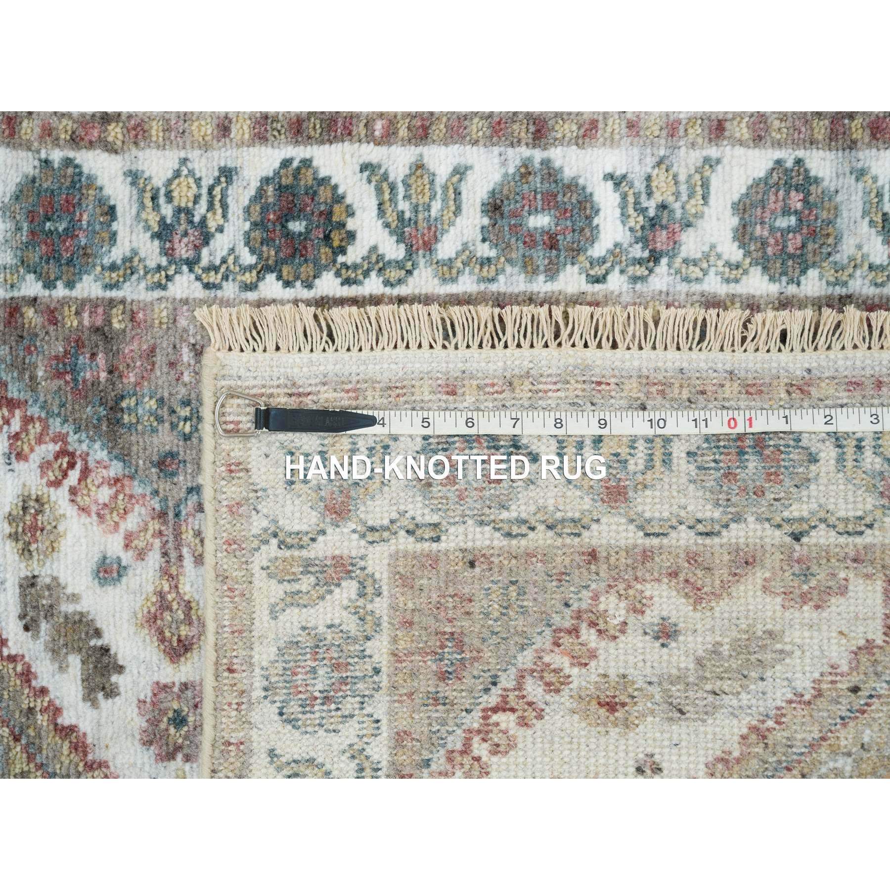 2'7"x9'9" Ivory, Natural Wool, Shiraz Reimagined Unique Flower Rosettes Border Design, Runner, Hand Knotted, Sustainable Oriental Rug HR65574 - Image 8