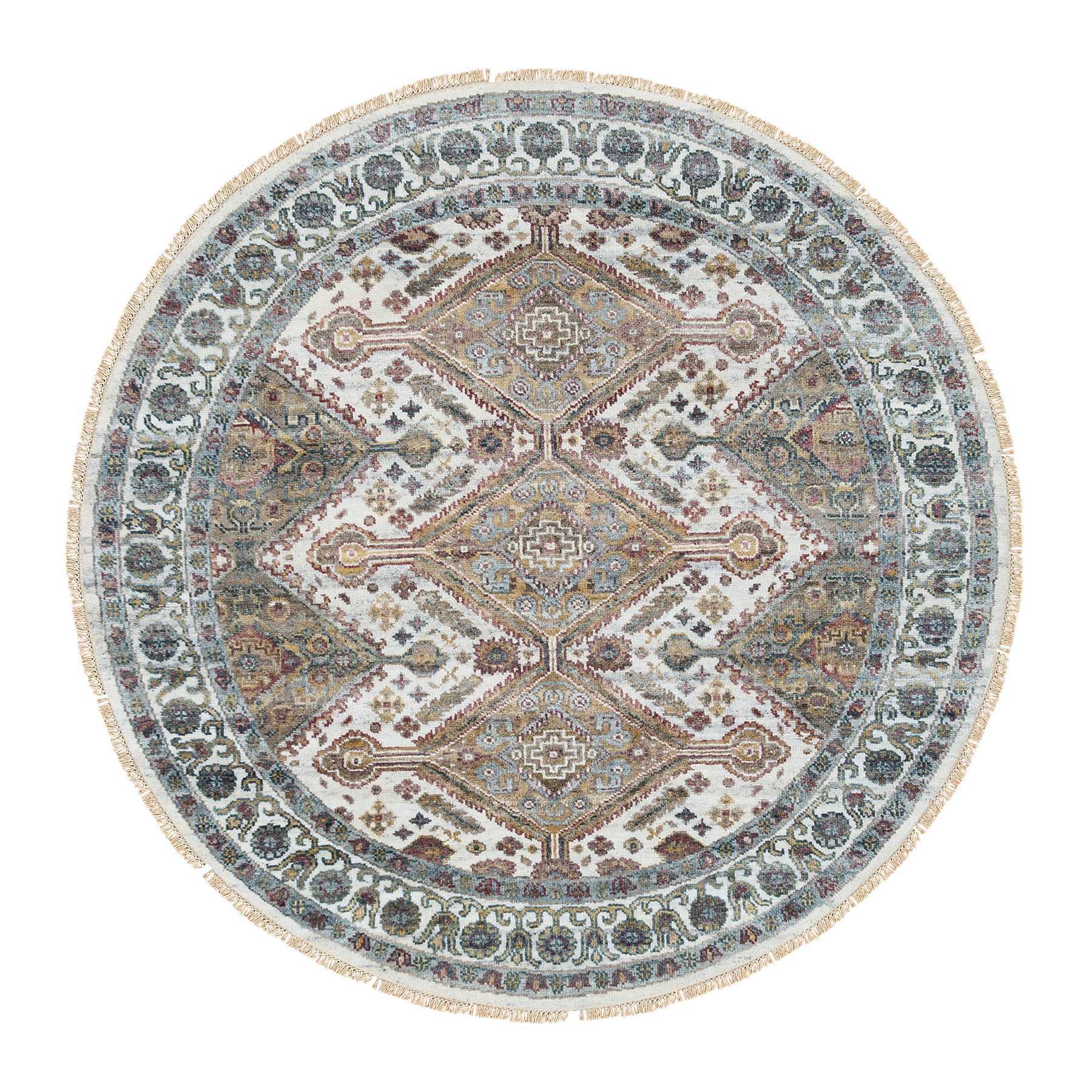 5'10"x5'10" Ivory, Shiraz Reimagined Unique Flower Rosettes Border Design, Soft Pile, Soft Wool Hand Knotted, Tone on Tone, Round Sustainable Oriental Rug HR65615