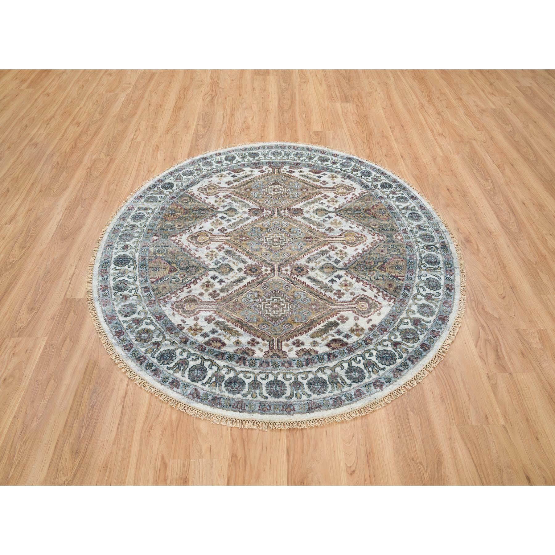 5'10"x5'10" Ivory, Shiraz Reimagined Unique Flower Rosettes Border Design, Soft Pile, Soft Wool Hand Knotted, Tone on Tone, Round Sustainable Oriental Rug HR65615 - Image 2