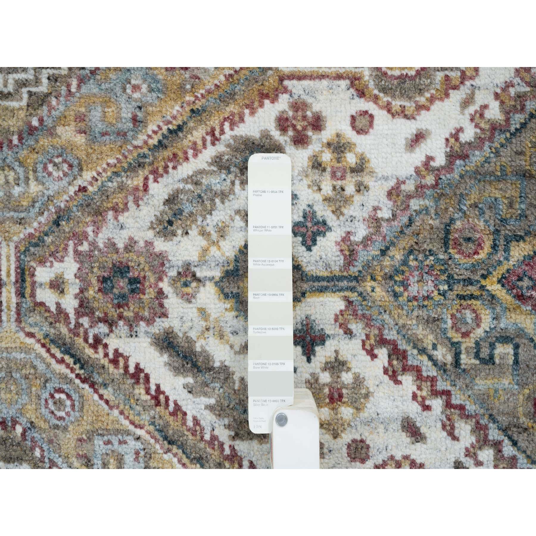 5'10"x5'10" Ivory, Shiraz Reimagined Unique Flower Rosettes Border Design, Soft Pile, Soft Wool Hand Knotted, Tone on Tone, Round Sustainable Oriental Rug HR65615 - Image 4