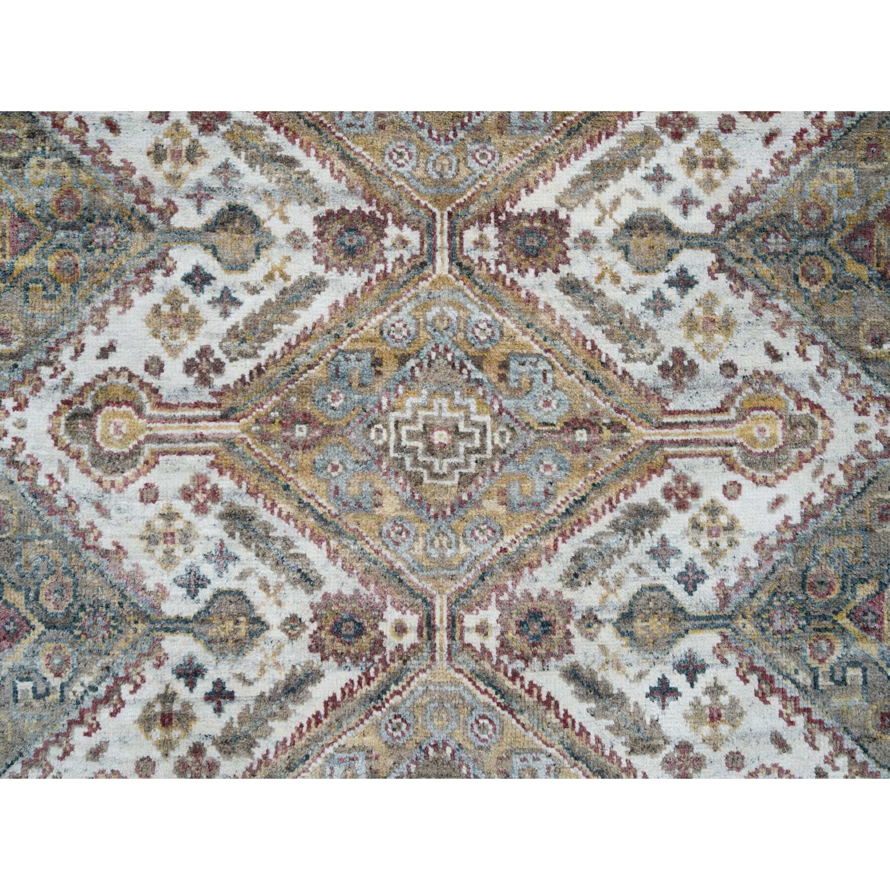 5'10"x5'10" Ivory, Shiraz Reimagined Unique Flower Rosettes Border Design, Soft Pile, Soft Wool Hand Knotted, Tone on Tone, Round Sustainable Oriental Rug HR65615 - Image 5