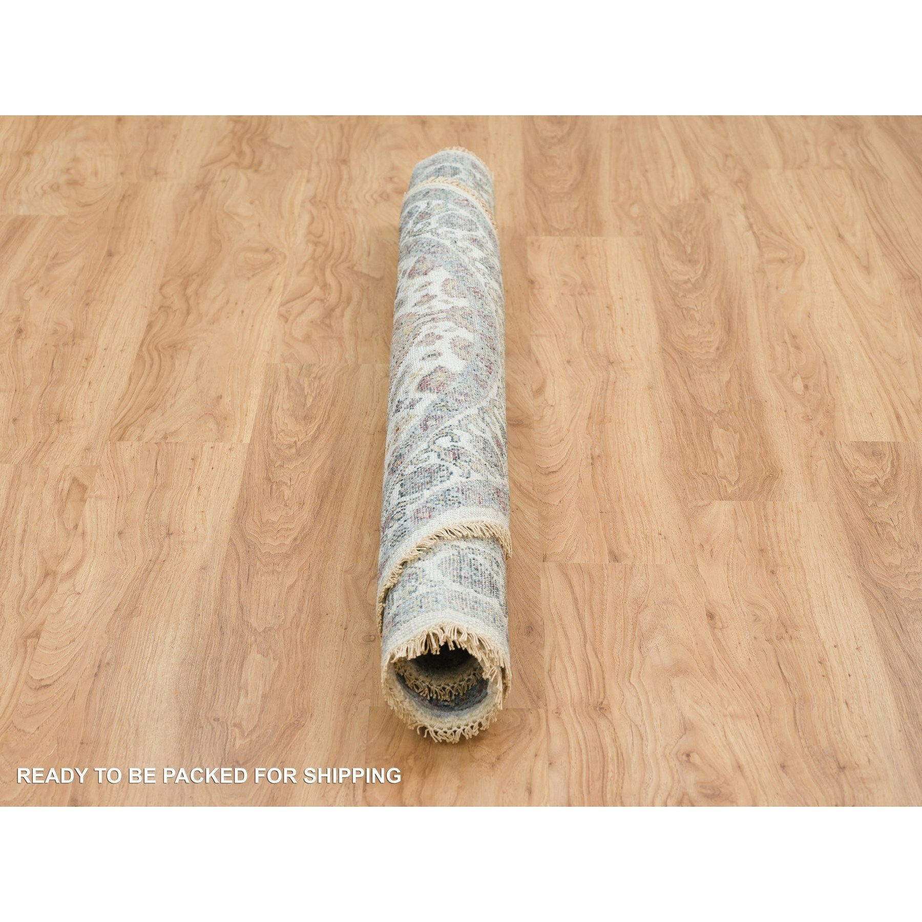 5'10"x5'10" Ivory, Shiraz Reimagined Unique Flower Rosettes Border Design, Soft Pile, Soft Wool Hand Knotted, Tone on Tone, Round Sustainable Oriental Rug HR65615 - Image 6