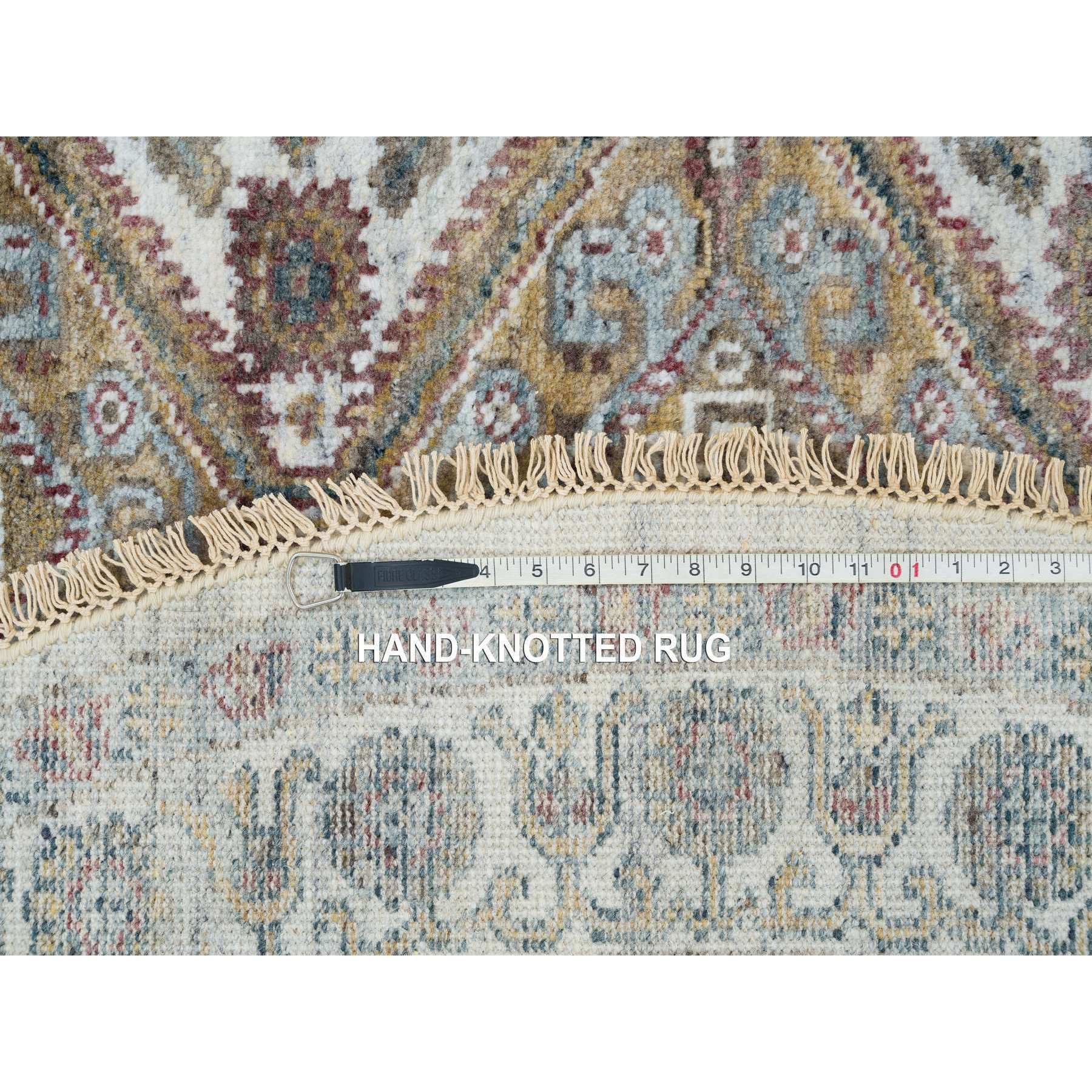 5'10"x5'10" Ivory, Shiraz Reimagined Unique Flower Rosettes Border Design, Soft Pile, Soft Wool Hand Knotted, Tone on Tone, Round Sustainable Oriental Rug HR65615 - Image 8