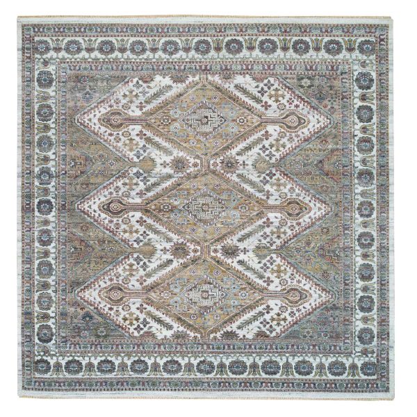 9'10"x10' Ivory, Natural Dyes, Tone on Tone, Extra Soft Wool, Hand Knotted Shiraz Reimagined Unique Flower Rosettes Border Design, Soft & Vibrant Pile, Oriental Rug HR65618