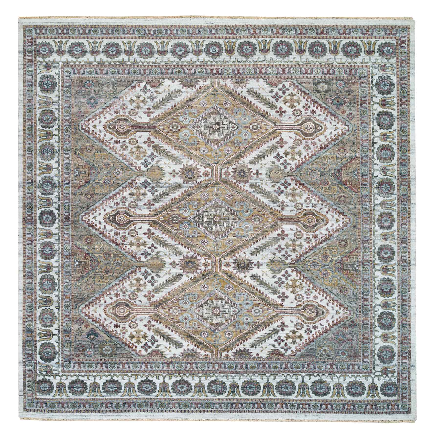 9'10"x10' Ivory, Natural Dyes, Tone on Tone, Extra Soft Wool, Hand Knotted Shiraz Reimagined Unique Flower Rosettes Border Design, Soft & Vibrant Pile, Oriental Rug HR65618