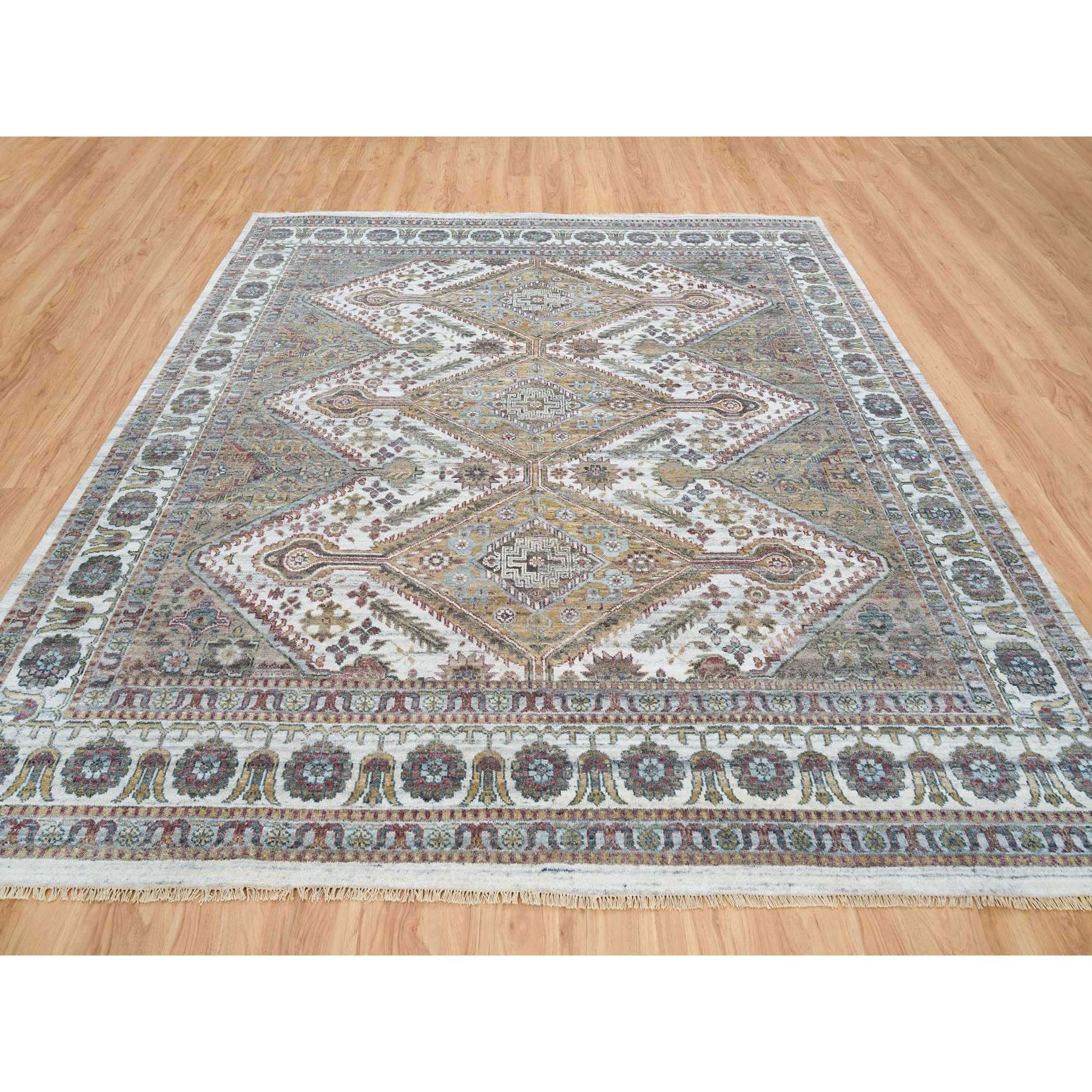 9'10"x10' Ivory, Natural Dyes, Tone on Tone, Extra Soft Wool, Hand Knotted Shiraz Reimagined Unique Flower Rosettes Border Design, Soft & Vibrant Pile, Oriental Rug HR65618 - Image 2