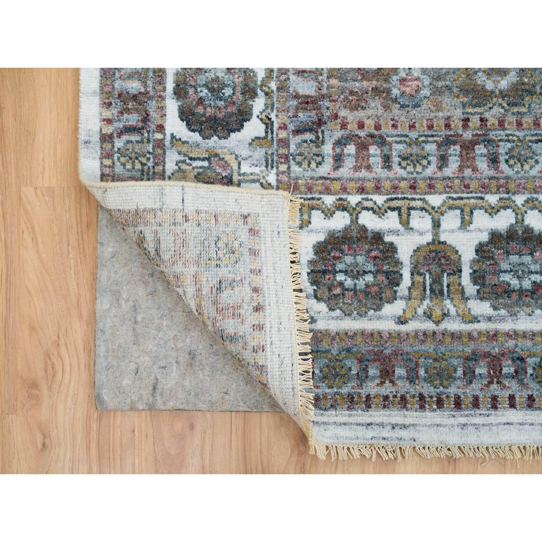 9'10"x10' Ivory, Natural Dyes, Tone on Tone, Extra Soft Wool, Hand Knotted Shiraz Reimagined Unique Flower Rosettes Border Design, Soft & Vibrant Pile, Oriental Rug HR65618 - Image 4