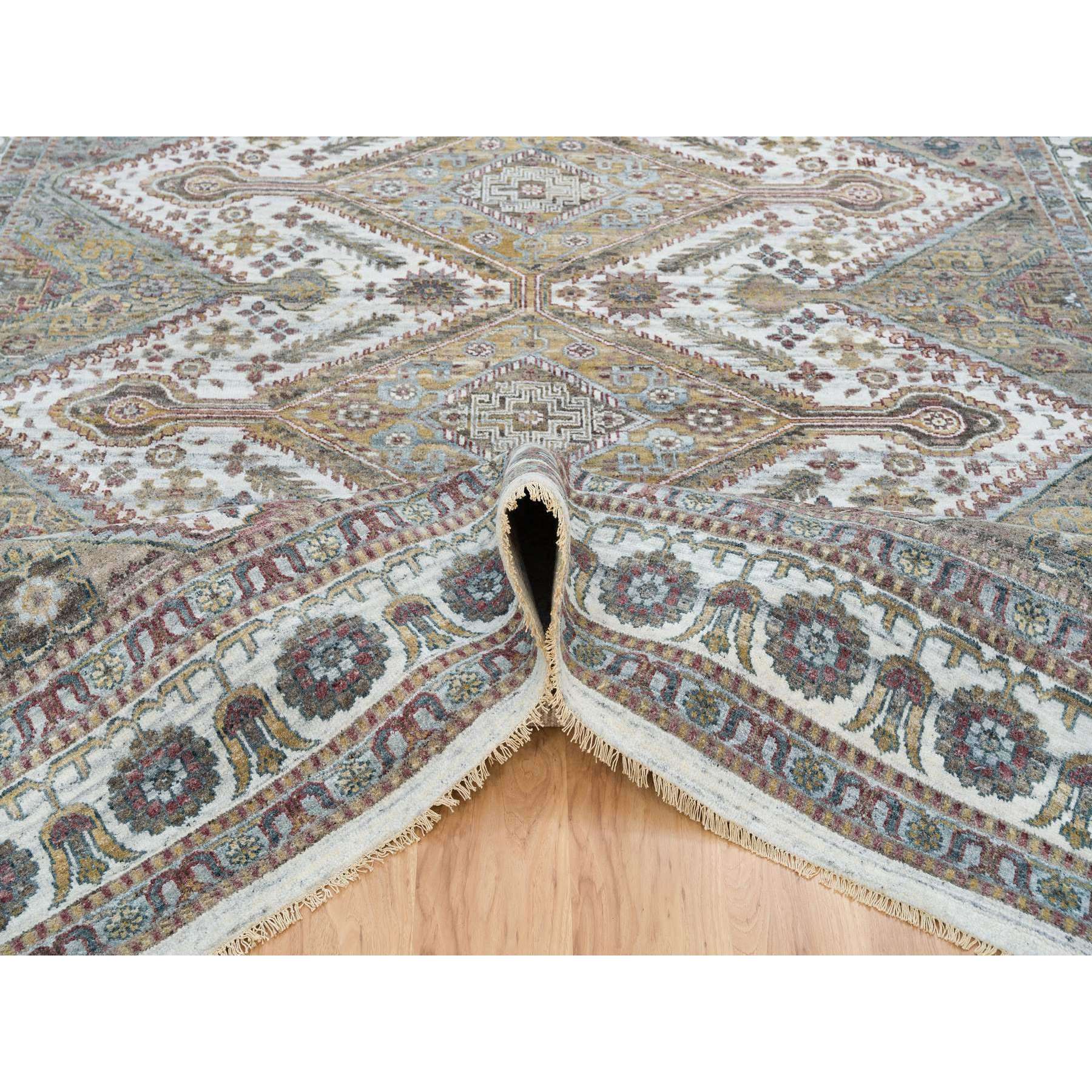 9'10"x10' Ivory, Natural Dyes, Tone on Tone, Extra Soft Wool, Hand Knotted Shiraz Reimagined Unique Flower Rosettes Border Design, Soft & Vibrant Pile, Oriental Rug HR65618 - Image 5