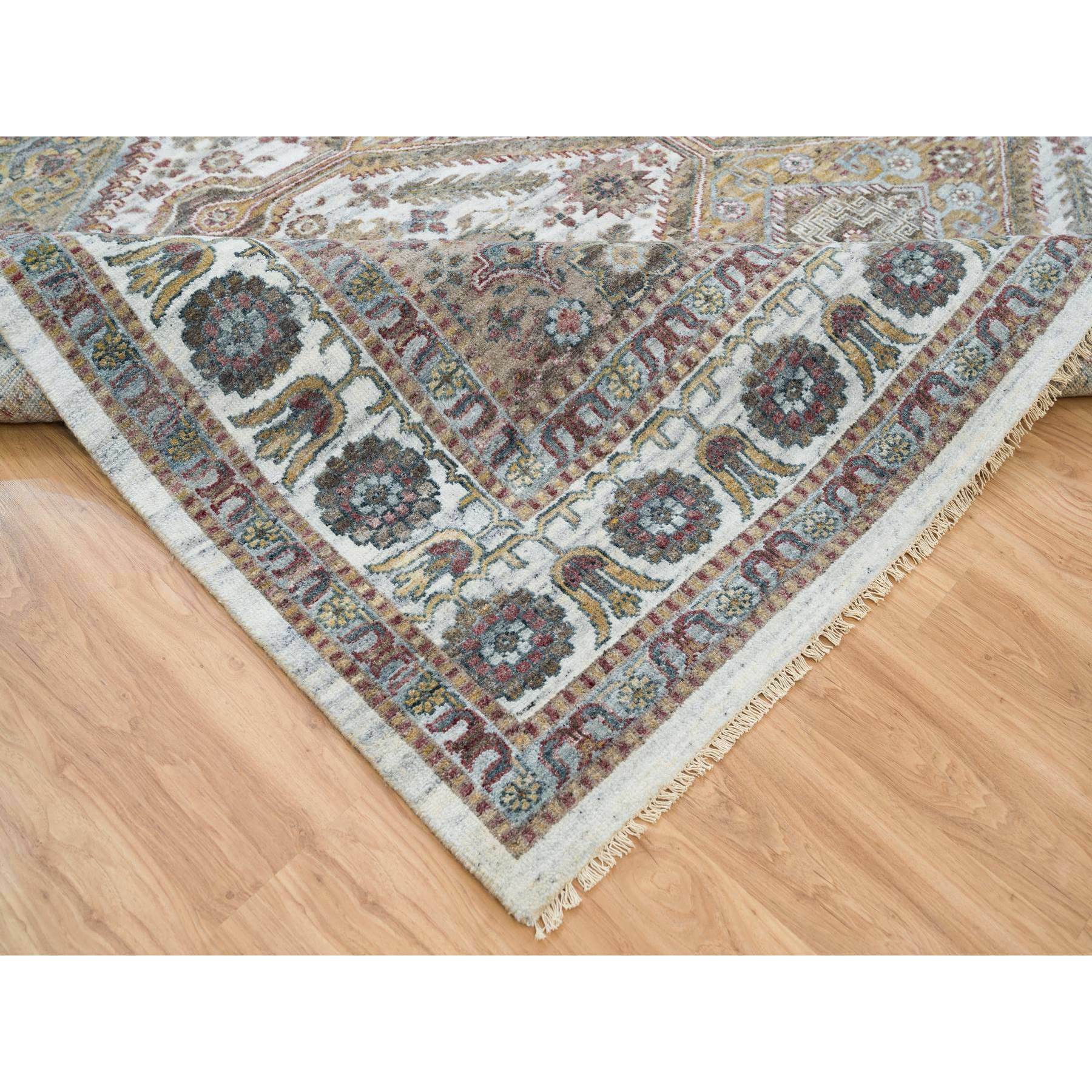 9'10"x10' Ivory, Natural Dyes, Tone on Tone, Extra Soft Wool, Hand Knotted Shiraz Reimagined Unique Flower Rosettes Border Design, Soft & Vibrant Pile, Oriental Rug HR65618 - Image 6