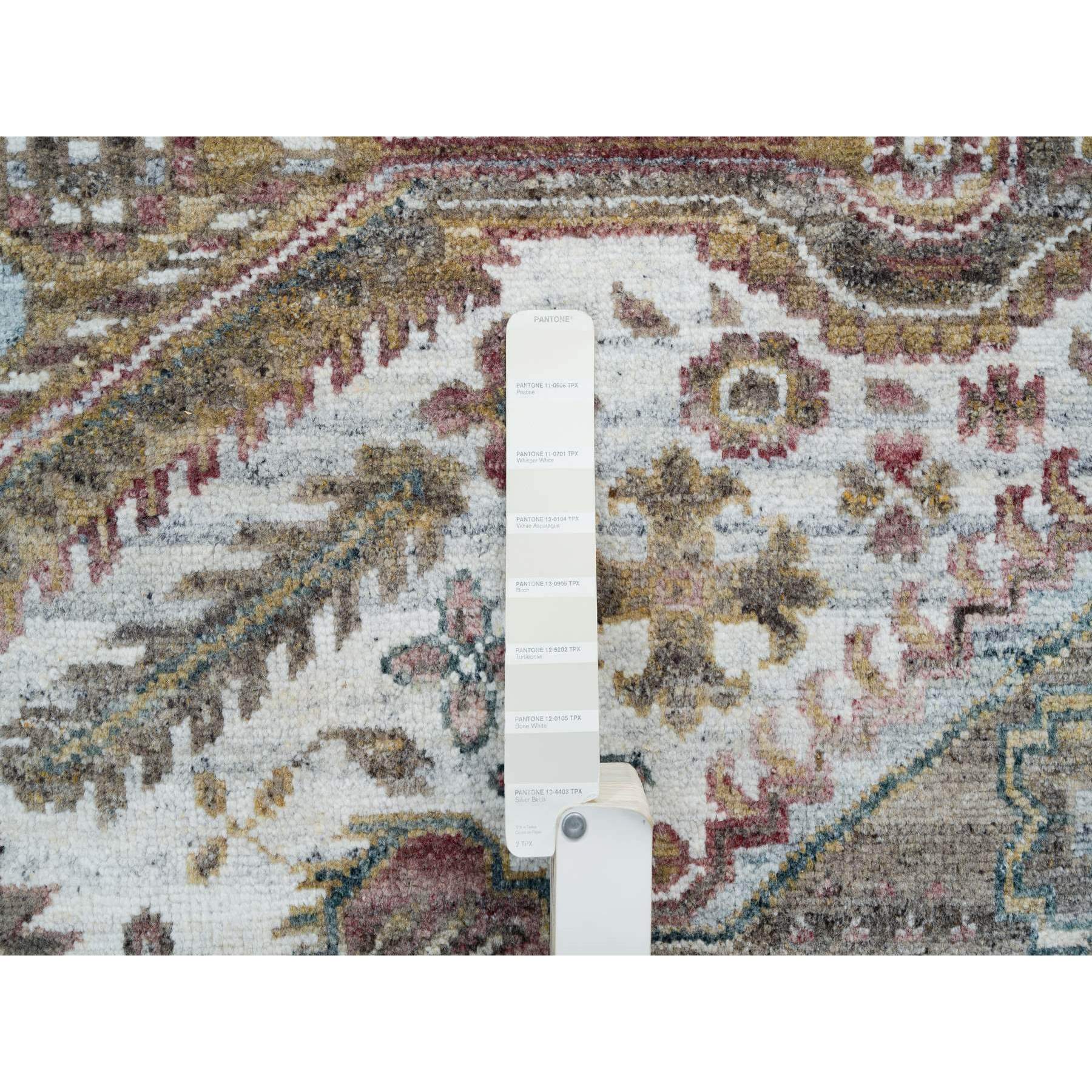 9'10"x10' Ivory, Natural Dyes, Tone on Tone, Extra Soft Wool, Hand Knotted Shiraz Reimagined Unique Flower Rosettes Border Design, Soft & Vibrant Pile, Oriental Rug HR65618 - Image 7