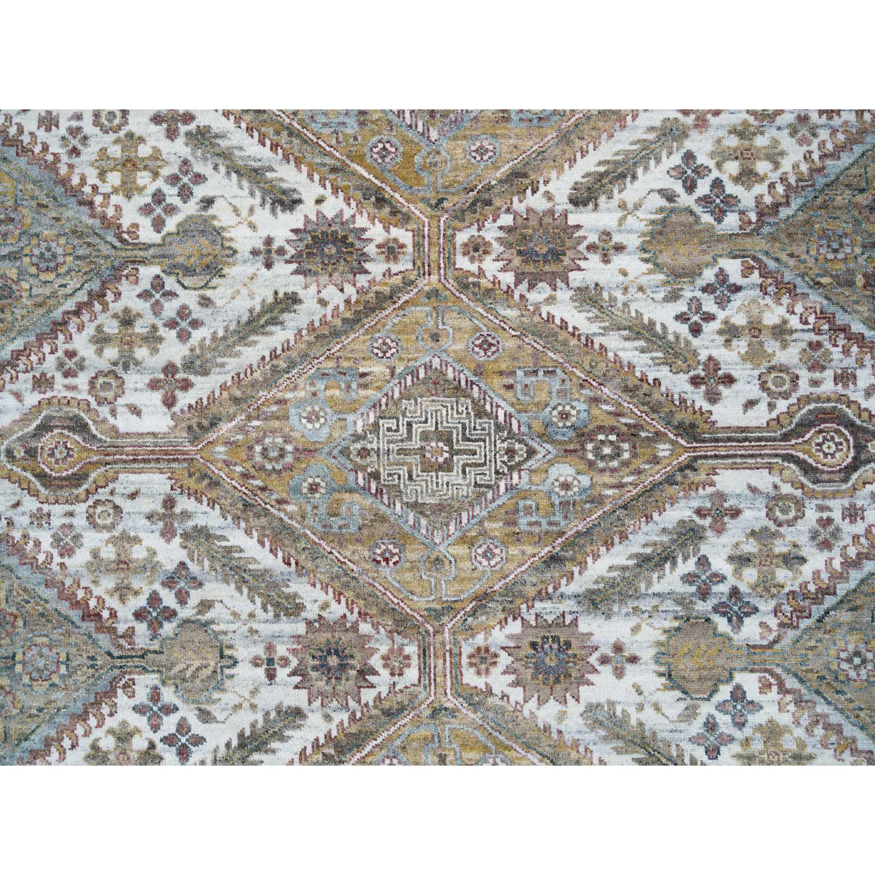 9'10"x10' Ivory, Natural Dyes, Tone on Tone, Extra Soft Wool, Hand Knotted Shiraz Reimagined Unique Flower Rosettes Border Design, Soft & Vibrant Pile, Oriental Rug HR65618 - Image 8