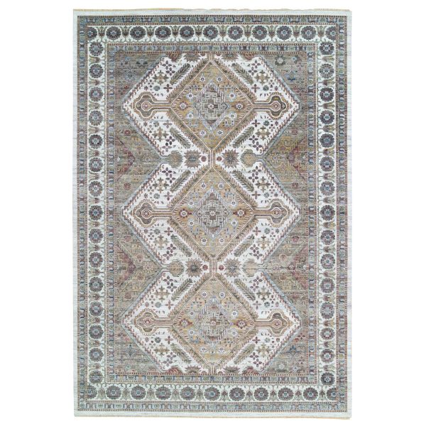12'x17'10" Ivory, Organic Wool Hand Knotted, Shiraz Reimagined, Soft and Vibrant Pile, Unique Flower Rosettes Border Design, Oversize Sustainable Oriental Rug HR65621