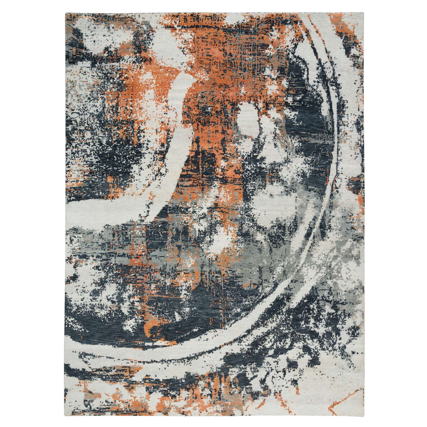 9'3"x11'9" Black and Orange, Soft and Luxurious, Abstract with Curvilinear Motif, Wool and Silk, Tone on Tone, Hand Knotted , Dense Weave, Modern Rug HR65624
