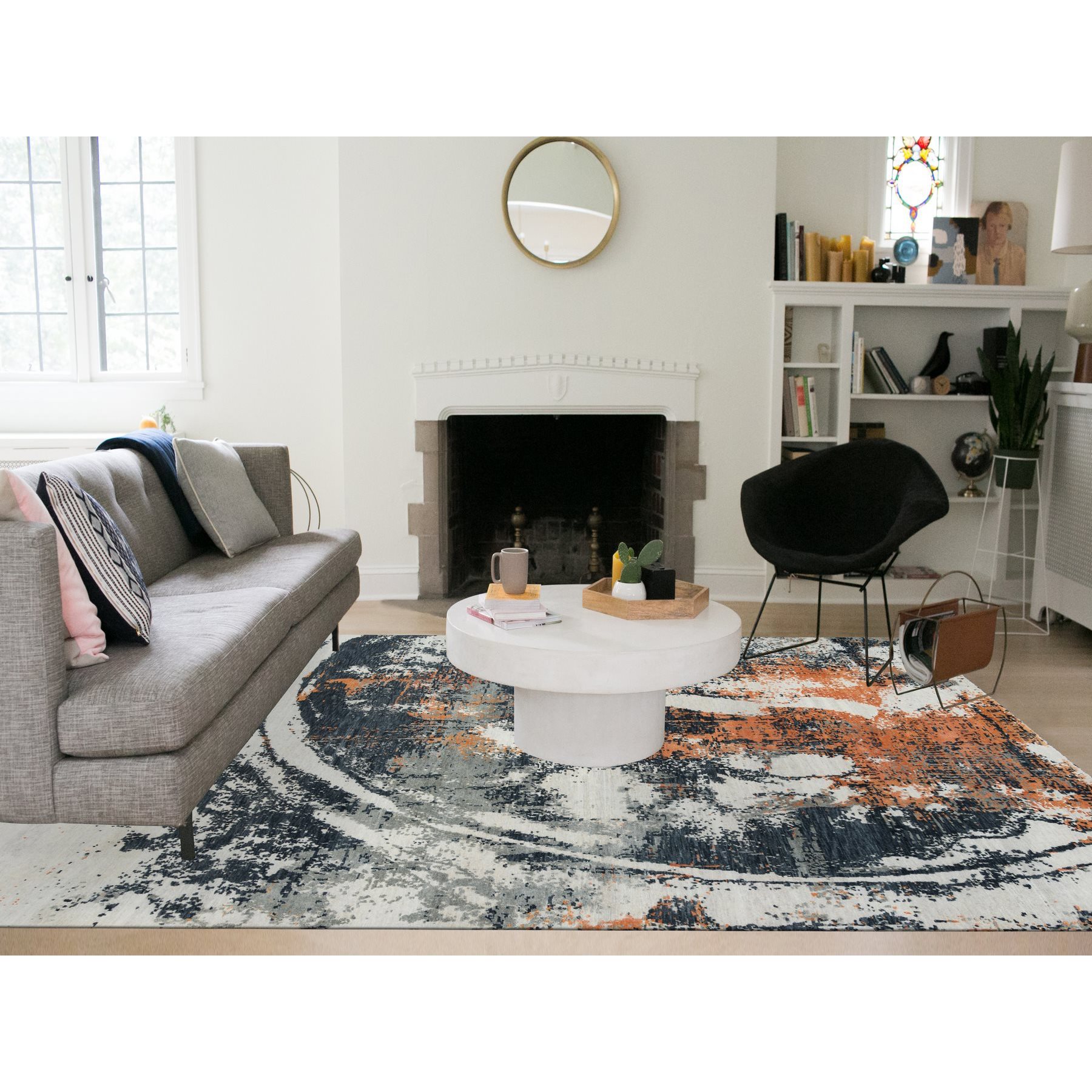 9'3"x11'9" Black and Orange, Soft and Luxurious, Abstract with Curvilinear Motif, Wool and Silk, Tone on Tone, Hand Knotted , Dense Weave, Modern Rug HR65624 - Image 2