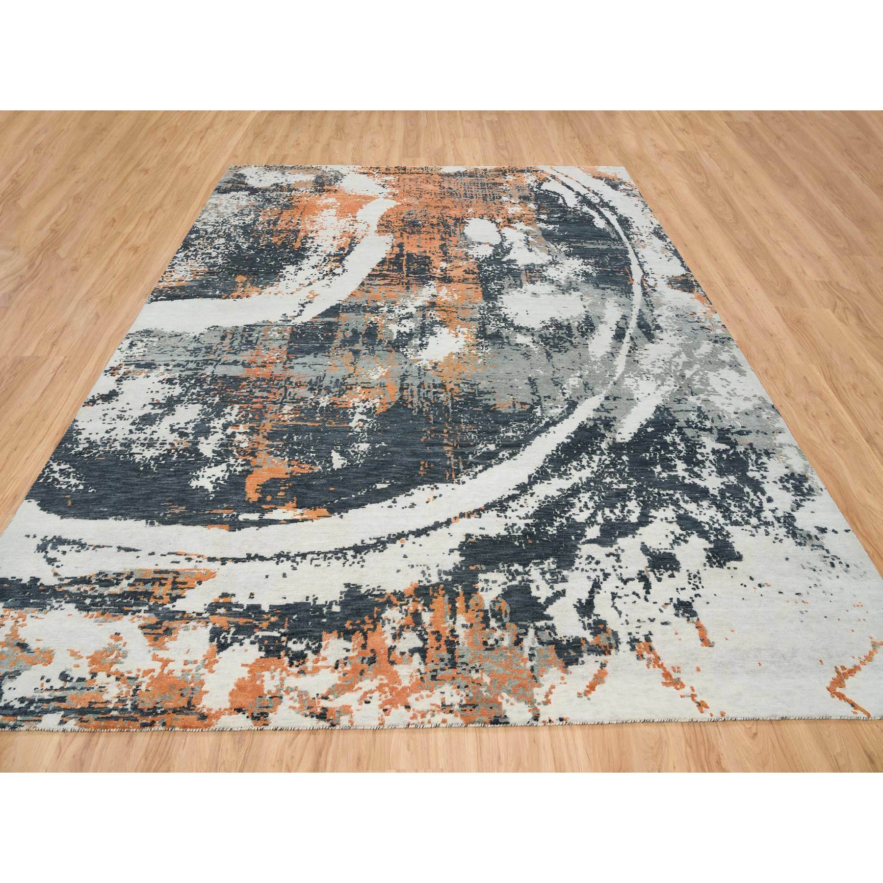 9'3"x11'9" Black and Orange, Soft and Luxurious, Abstract with Curvilinear Motif, Wool and Silk, Tone on Tone, Hand Knotted , Dense Weave, Modern Rug HR65624 - Image 3