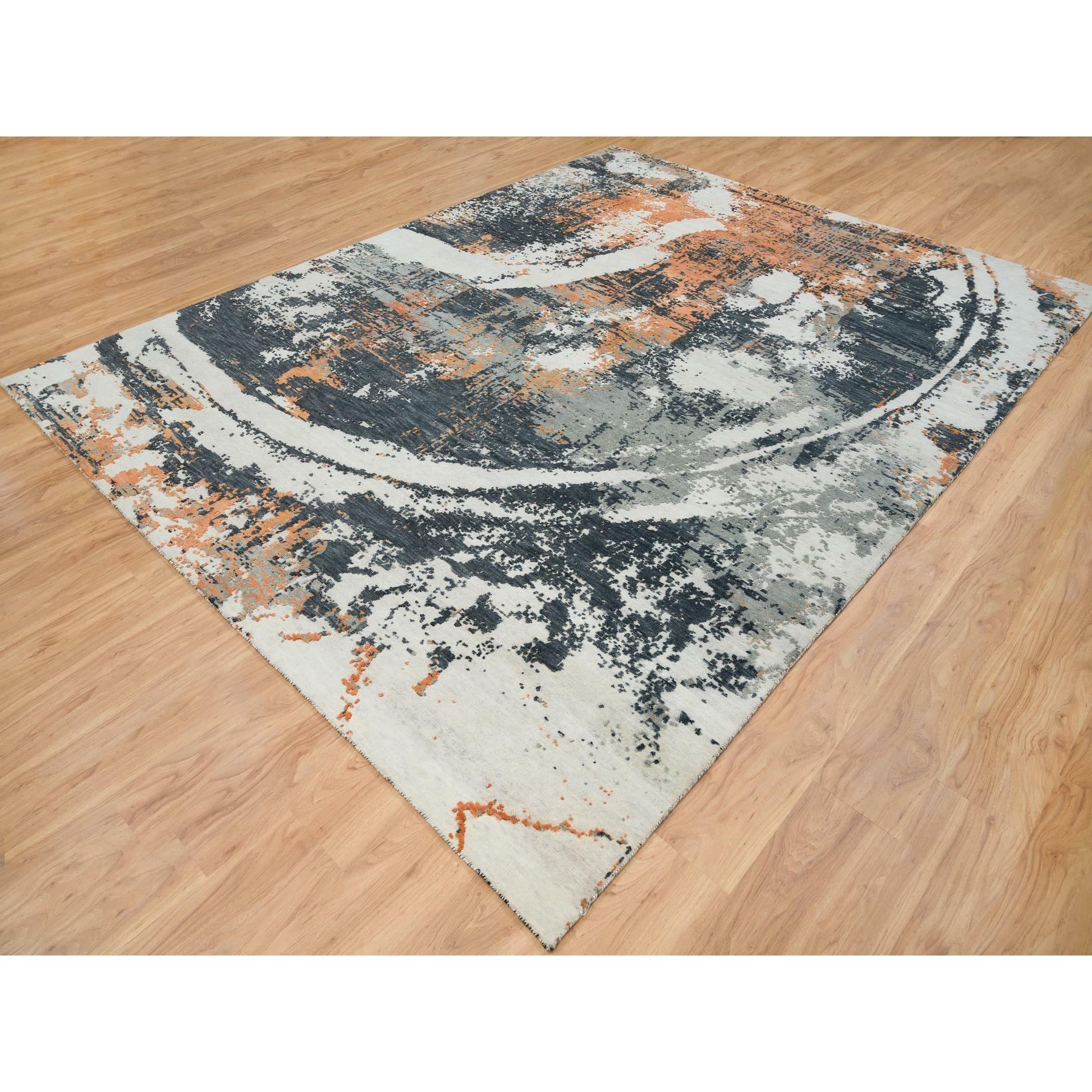 9'3"x11'9" Black and Orange, Soft and Luxurious, Abstract with Curvilinear Motif, Wool and Silk, Tone on Tone, Hand Knotted , Dense Weave, Modern Rug HR65624 - Image 4