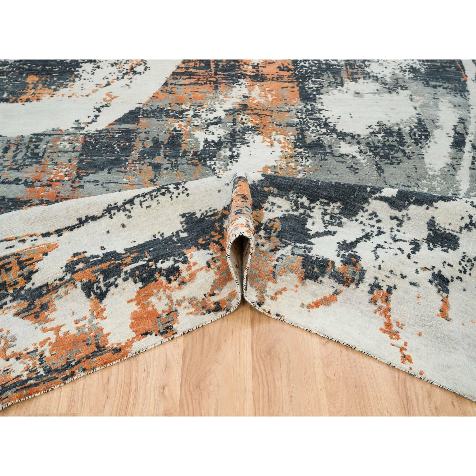 9'3"x11'9" Black and Orange, Soft and Luxurious, Abstract with Curvilinear Motif, Wool and Silk, Tone on Tone, Hand Knotted , Dense Weave, Modern Rug HR65624 - Image 6