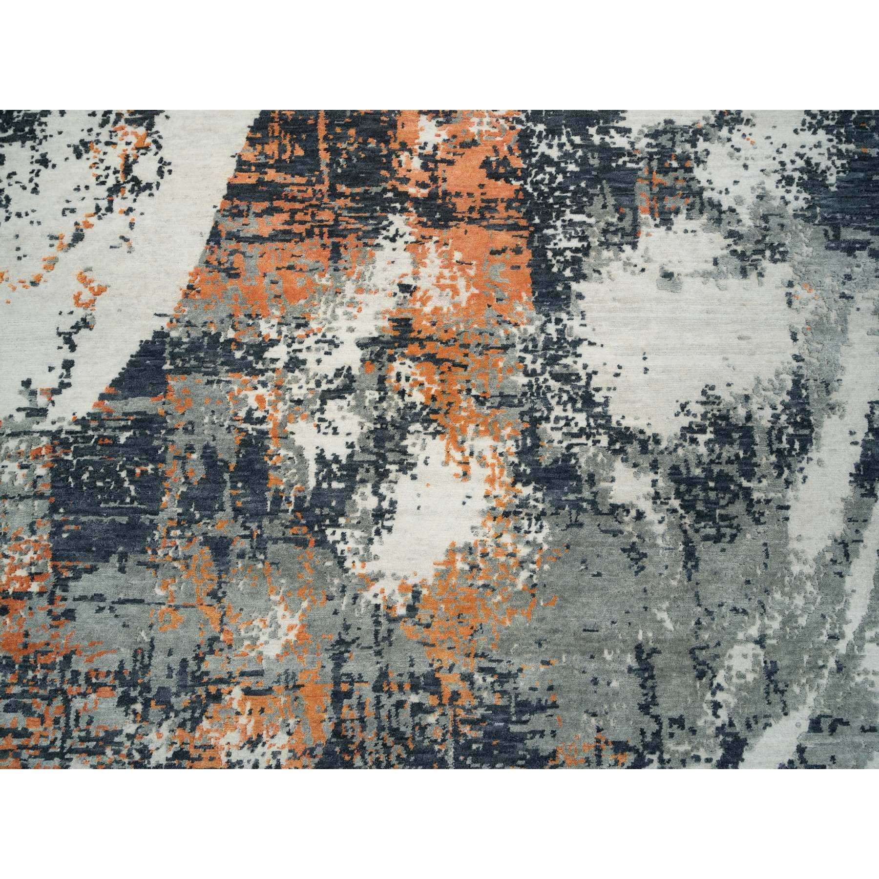 9'3"x11'9" Black and Orange, Soft and Luxurious, Abstract with Curvilinear Motif, Wool and Silk, Tone on Tone, Hand Knotted , Dense Weave, Modern Rug HR65624 - Image 9