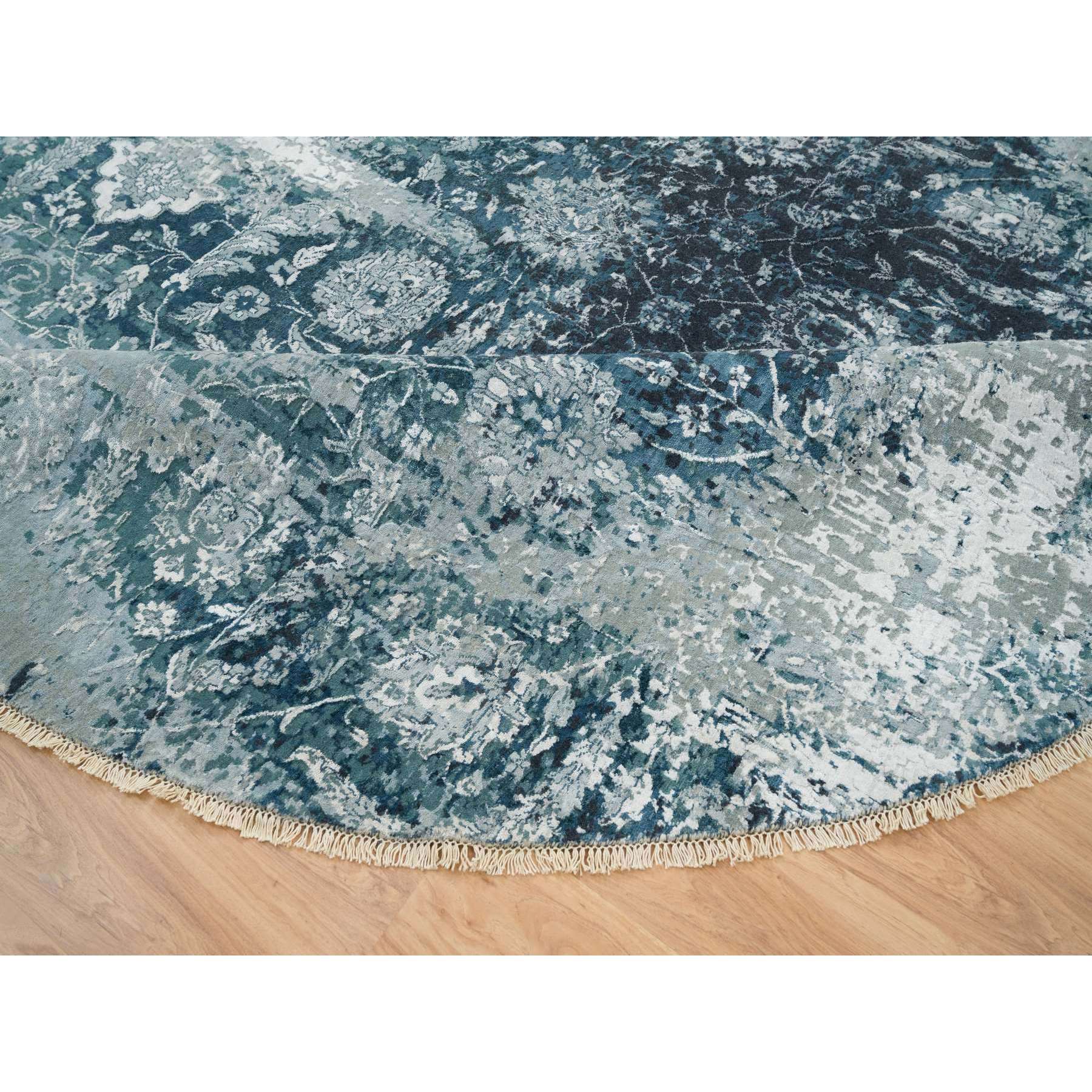 9'10"x9'10" Blue-Teal Persian Tabriz Broken Design Wool and Silk, Soft Pile, Hand Knotted Round Oriental Rug HR65630 - Image 6