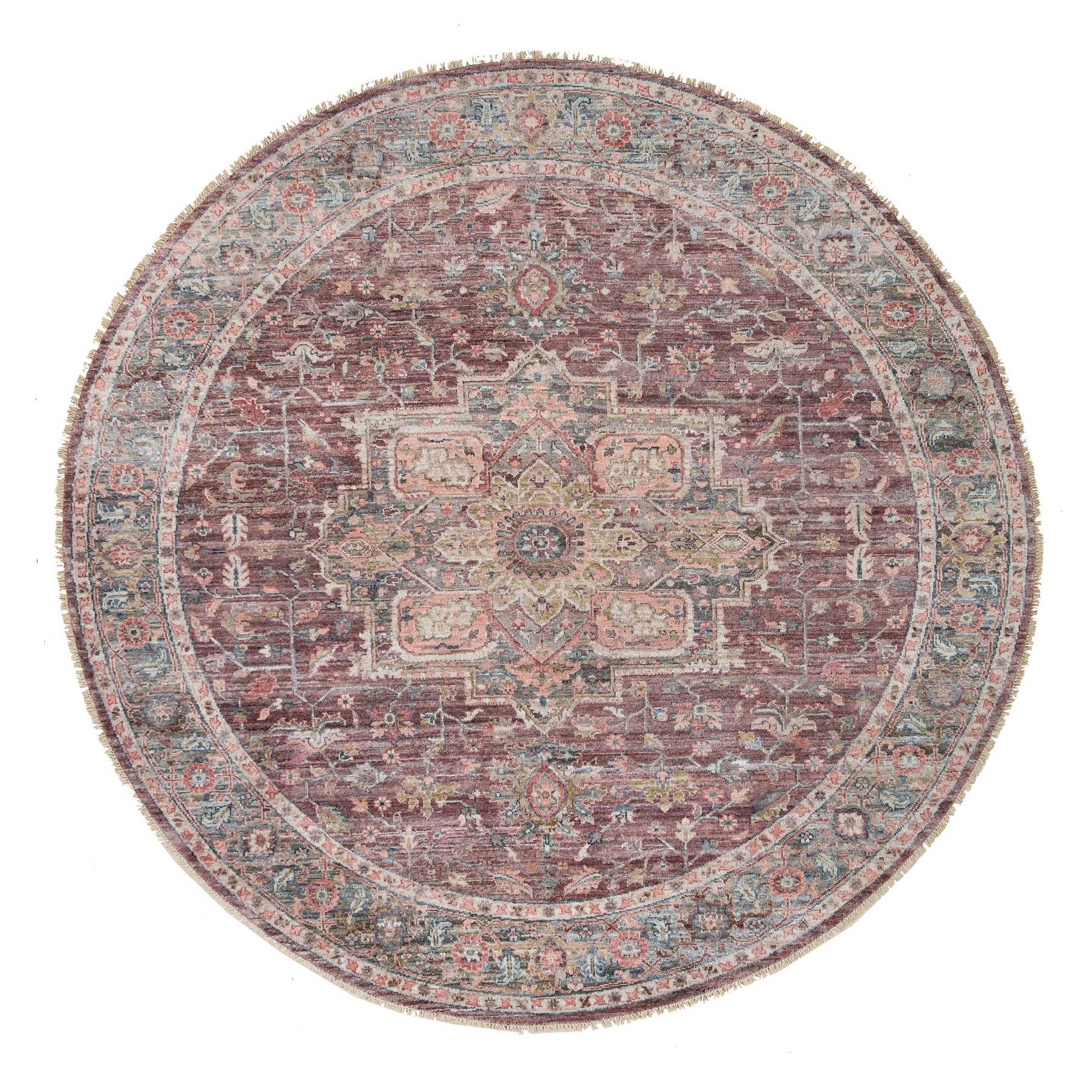 9'7"x9'7" Light Burgundy, Heriz Revival, Thick and Plush Soft Pile, Vegetable Dyes, Natural Wool, Hand Knotted, Round Oriental Rug HR65633