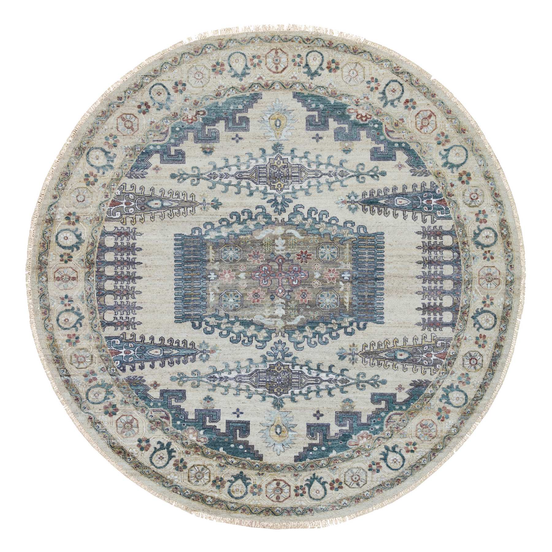 9'9"x9'9" Ivory, Extra Soft Wool, Hand Knotted, Thick and Plush, Reimagined Persian Viss Design, Tone on Tone, Natural Dyes, Round, Oriental Rug HR65636