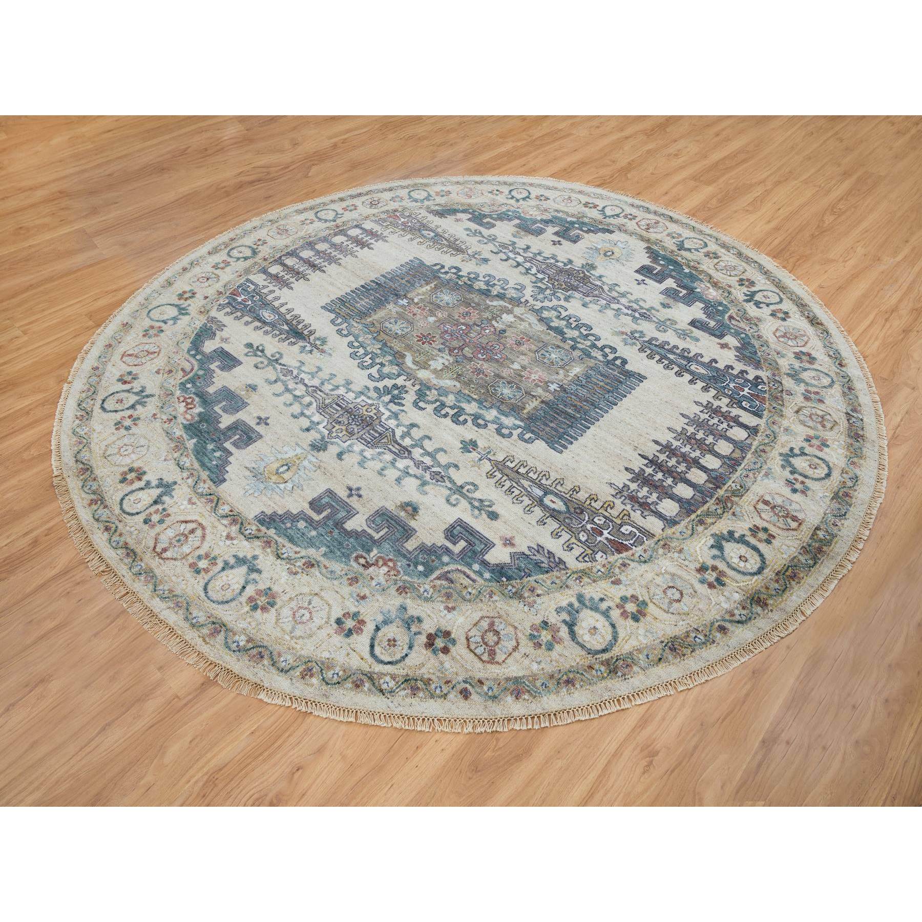 9'9"x9'9" Ivory, Extra Soft Wool, Hand Knotted, Thick and Plush, Reimagined Persian Viss Design, Tone on Tone, Natural Dyes, Round, Oriental Rug HR65636 - Image 3