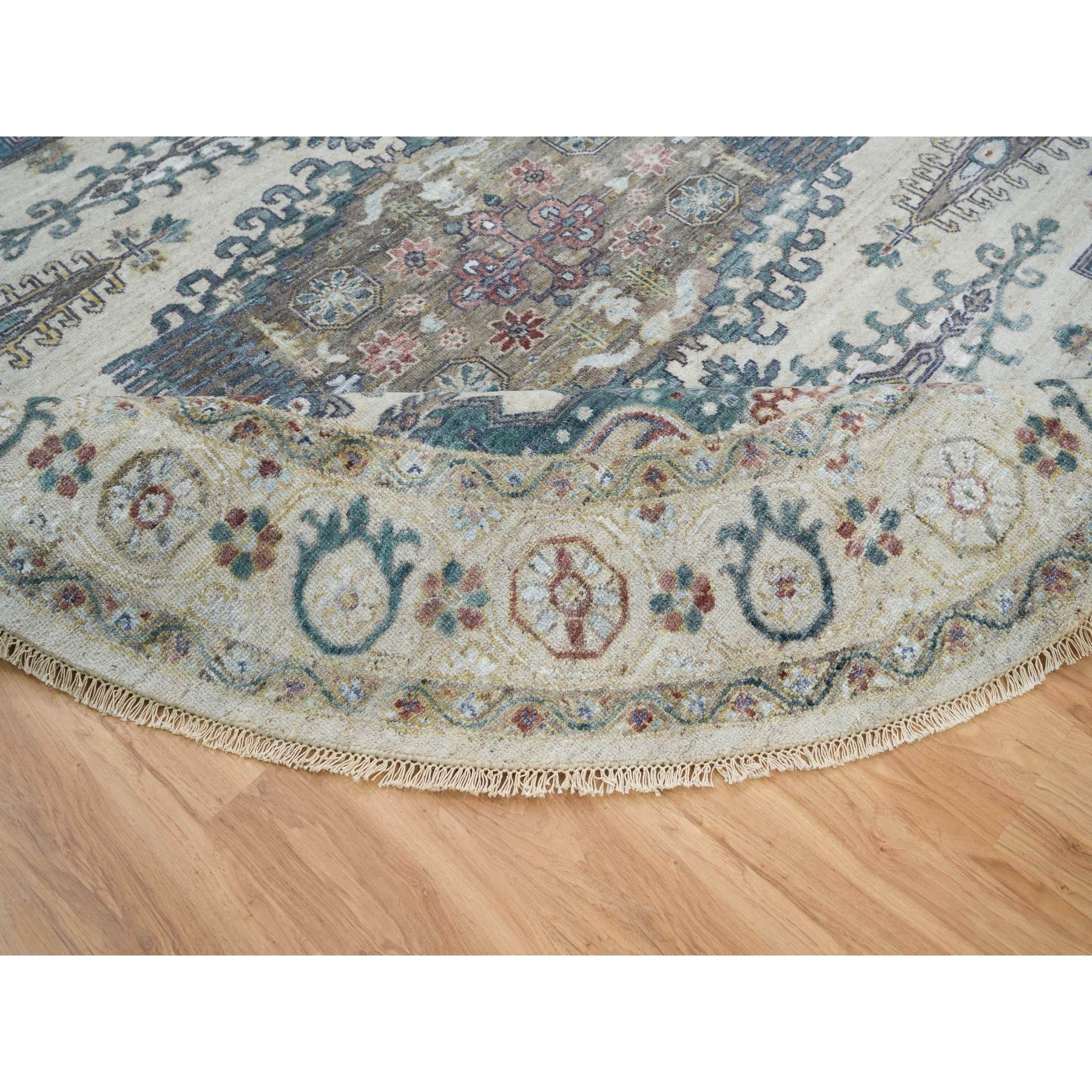 9'9"x9'9" Ivory, Extra Soft Wool, Hand Knotted, Thick and Plush, Reimagined Persian Viss Design, Tone on Tone, Natural Dyes, Round, Oriental Rug HR65636 - Image 6