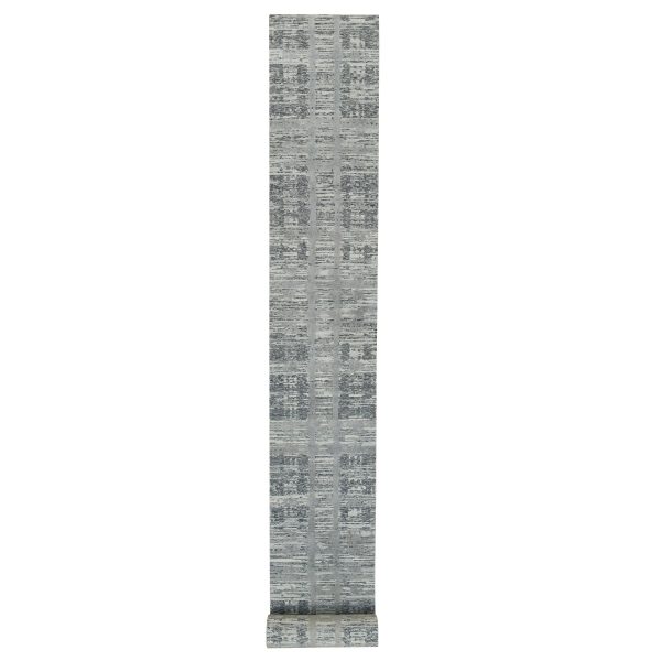 2'7"x27'10" Dark Grey, Modern Design, Hand Spun Undyed Natural Wool, Hand Knotted, XL Runner Oriental Rug HR65648