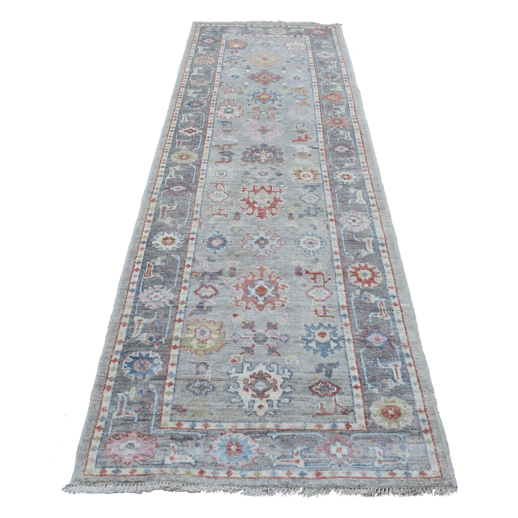 3'2"x10' Angora Oushak with Geometric Design Hand Knotted Gray Soft Organic Wool Oriental Runner Rug HR68314