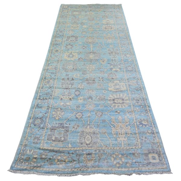 4'x10'1" Cerulean Blue, Hand Knotted, Afghan Angora Oushak with Branch and Flower Design, Vegetable Dyes, Pure Wool, Wide Runner Oriental Rug HR73297
