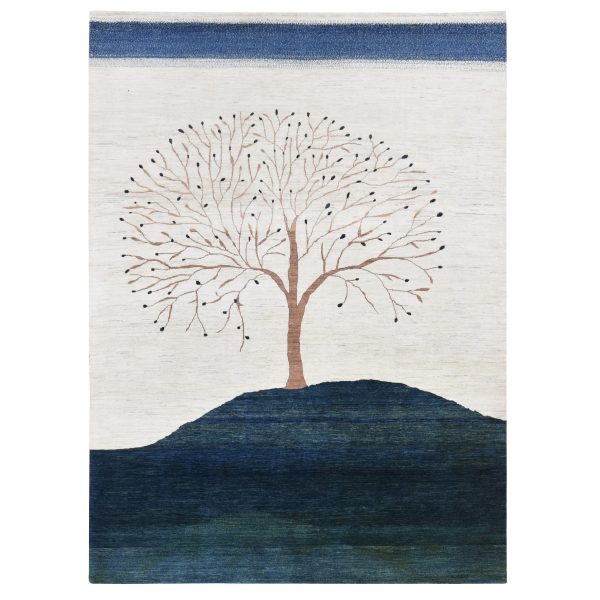 8'7"x12' Ivory, Modern, Thick, Soft and Plush Persian Wool Gabbeh with Large Tree Design, Hand Knotted, Oriental Rug HR80817