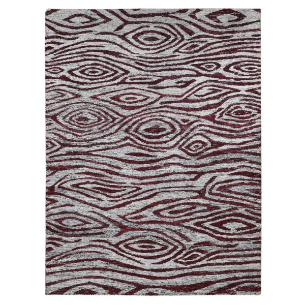 8'10"x11'9" Vermilion Red, Thick, Man Made Silk, Modern Repetitive Colorful Tree Bark Motif with Abrash, Cropped Pile, Hand Knotted, Oriental Rug HR80821