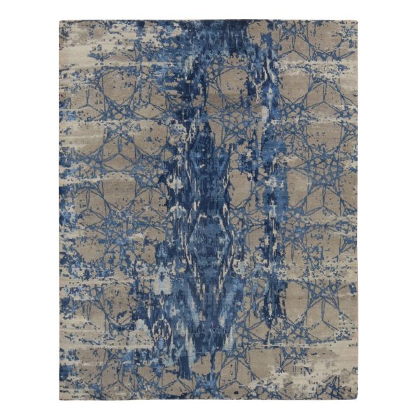 8'1"x10' Yale Blue, Wool and Silk, Abstract Design, Hand Knotted, Oriental Rug HR80833