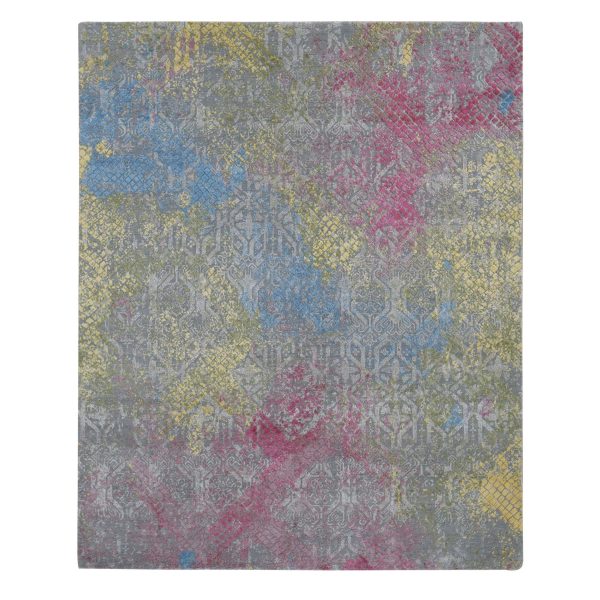 8'x10' Carbon Gray, TRELLIS IN THE SPRING, Pastel Shades, Wool and Pure Silk, Hi-Lo Pile, Hand Knotted, Oriental Rug HR80845