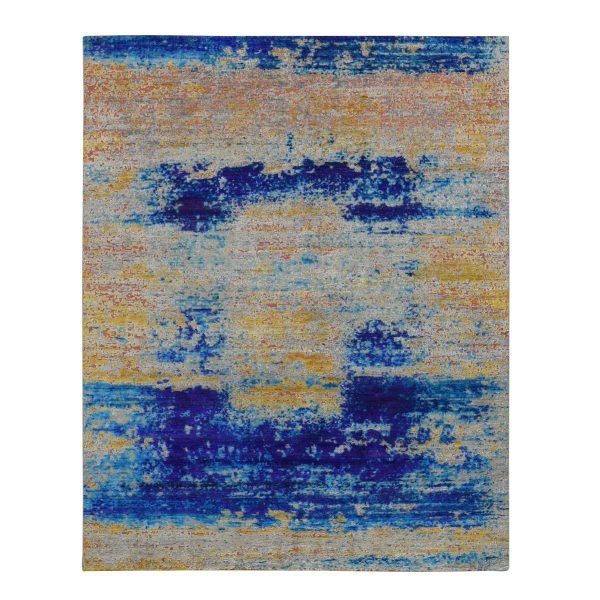 7'10"x10' Gold Color, Sari Silk with Textured Wool, Abstract Design, Hand Knotted, Oriental Rug HR80848