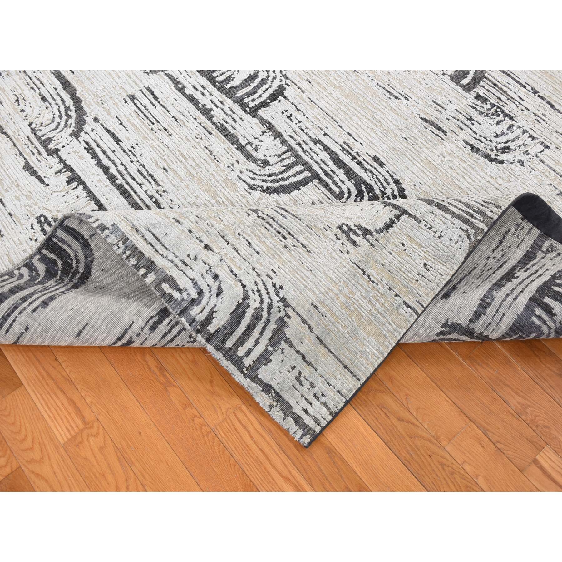 10'x14'5" Cloud Gray, The Cane Design, Pure Silk with Textured Wool, Hand Knotted, Oriental Rug HR80852 - Image 6