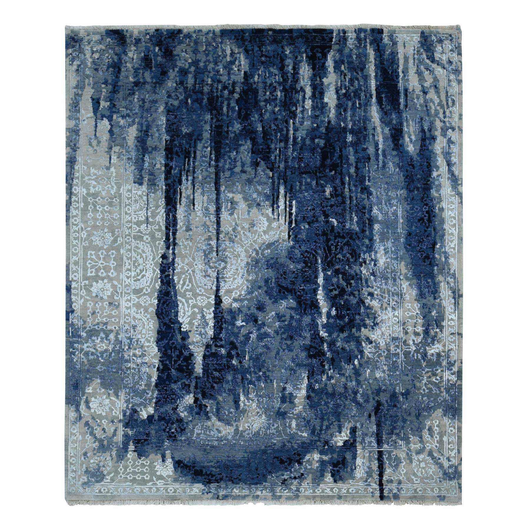 8'x9'9" Battleship Gray, Wool and Silk, Dripping Ink Shibori Transitional Design, Tone on Tone, Hand Knotted, Oriental Rug HR80912