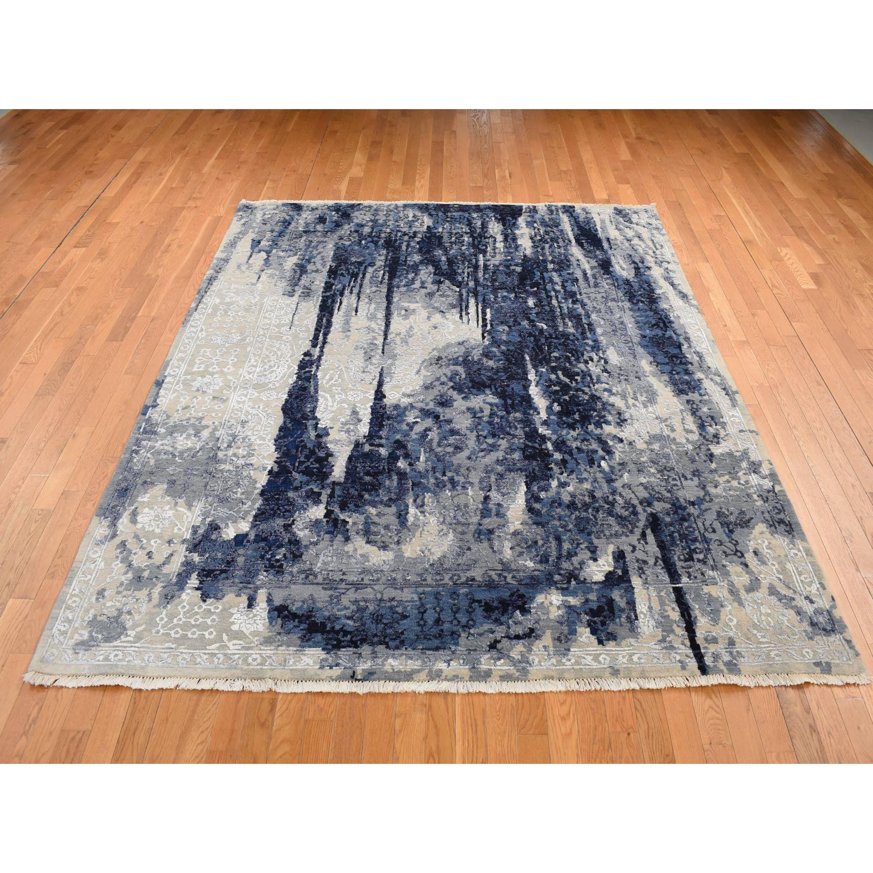 8'x9'9" Battleship Gray, Wool and Silk, Dripping Ink Shibori Transitional Design, Tone on Tone, Hand Knotted, Oriental Rug HR80912 - Image 3