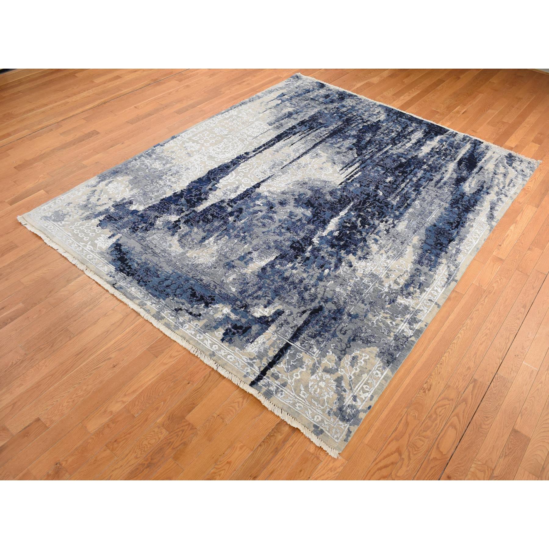 8'x9'9" Battleship Gray, Wool and Silk, Dripping Ink Shibori Transitional Design, Tone on Tone, Hand Knotted, Oriental Rug HR80912 - Image 4