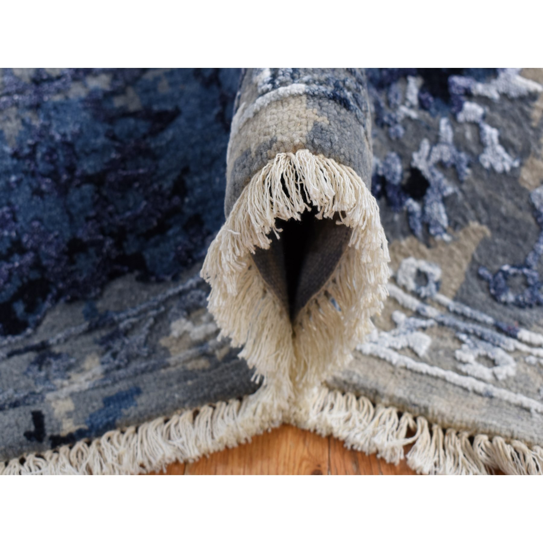 8'x9'9" Battleship Gray, Wool and Silk, Dripping Ink Shibori Transitional Design, Tone on Tone, Hand Knotted, Oriental Rug HR80912 - Image 7