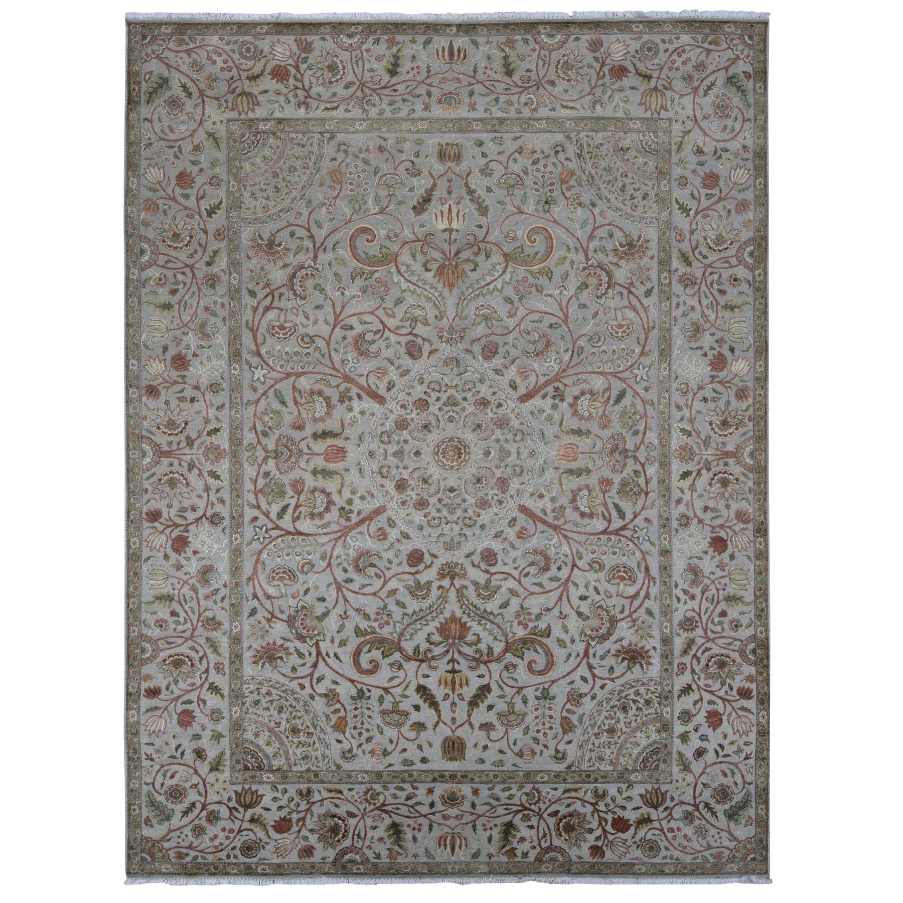 10'1"x13'9" French Gray, Pure Silk with Textured Wool, Mughal Inspired Branch and Flower Design, Hand Knotted, Oriental Rug HR80915