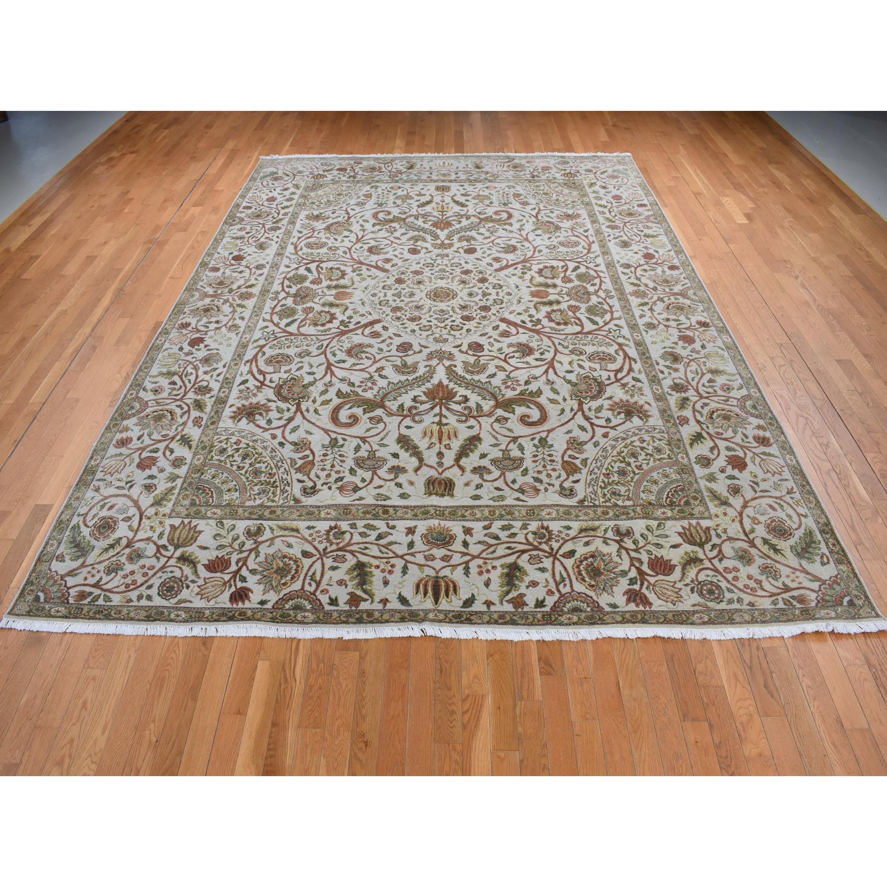 10'1"x13'9" French Gray, Pure Silk with Textured Wool, Mughal Inspired Branch and Flower Design, Hand Knotted, Oriental Rug HR80915 - Image 3
